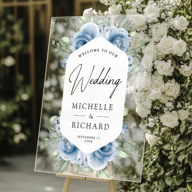 Dusty Blue Floral Bouquet Wedding Welcome Acrylic Sign (Creator Uploaded)