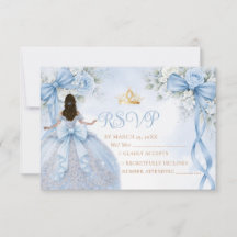 Dusty Blue Floral Bow Ribbon Quinceañera RSVP Card