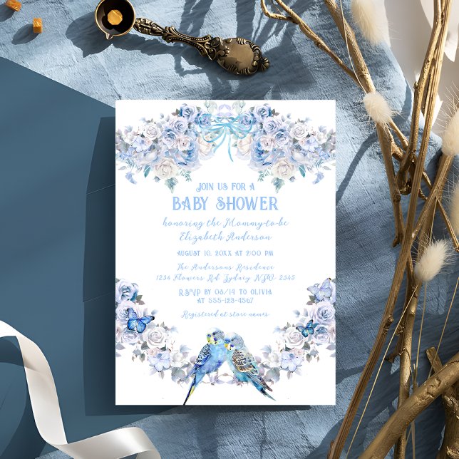 Dusty Blue Floral Bow Whimsical Baby Shower Invitation (Creator Uploaded)