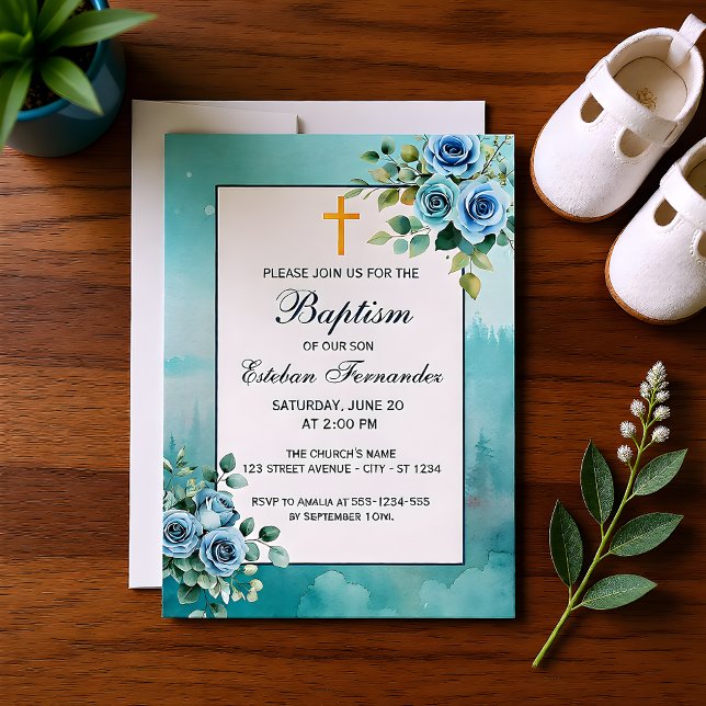 Dusty Blue Floral Boy Baptism Religious Invitation (Creator Uploaded)