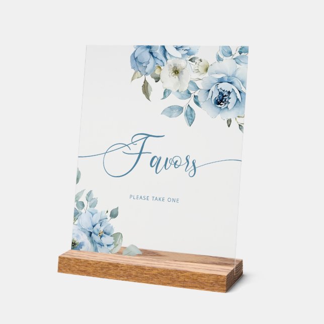 Dusty blue floral bridal Favors Acrylic Sign (Angle)