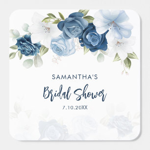 Dusty Blue Floral Bridal Shower Elegant Square Sticker