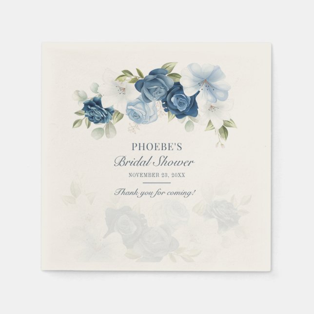 Dusty Blue Floral Bridal Shower Eucalyptus Paper Napkins (Front)