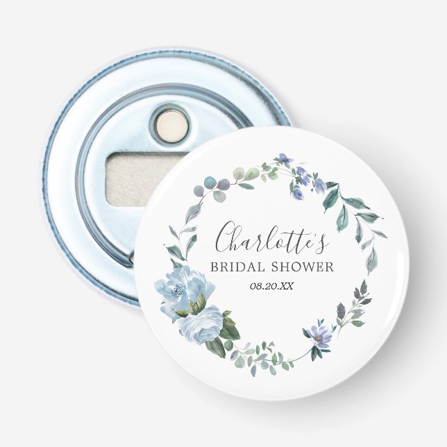 Dusty Blue Floral  Bridal Shower Favor Bottle Opener (Front)