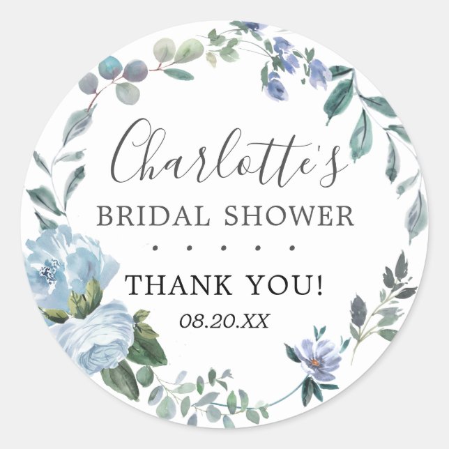 Dusty Blue Floral Bridal Shower Favor Classic Round Sticker (Front)