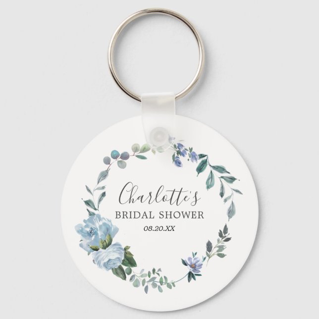 Dusty Blue Floral  Bridal Shower Favor Keychain (Front)