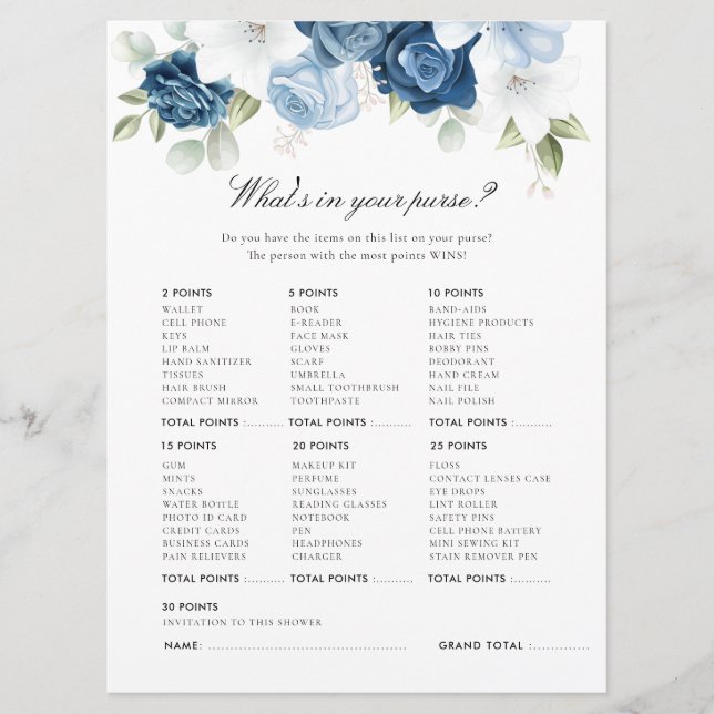 Dusty Blue Floral Bridal Shower Game (Front)