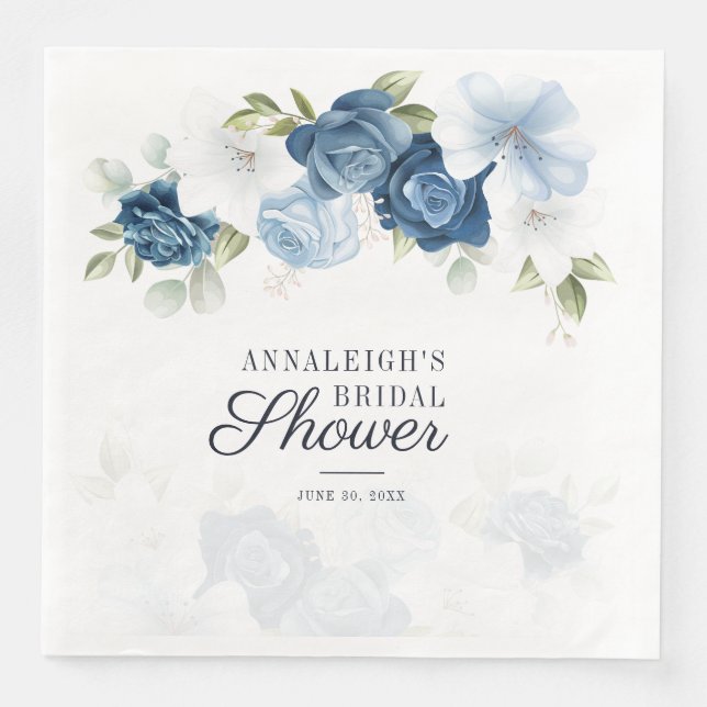 Dusty Blue Floral Bridal Shower Greenery Paper Paper Dinner Napkins (Front)