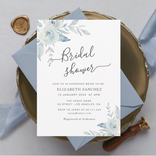 dusty blue floral bridal shower invitation