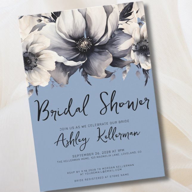 Dusty Blue Floral Bridal Shower Invitation (Chic Elegant Floral Periwinkle Blue Bridal Shower Invitation)