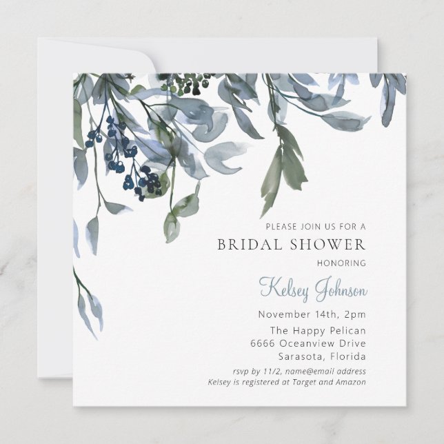 Dusty Blue Floral Bridal Shower Invitation (Front)