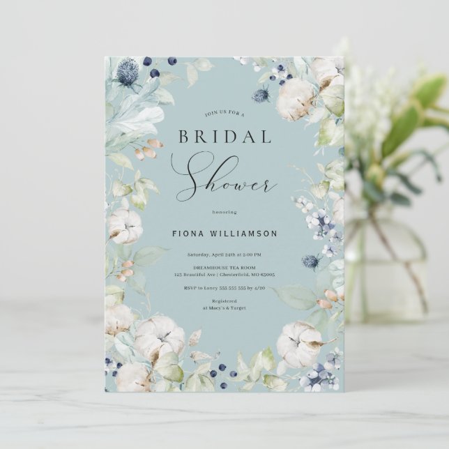 Dusty Blue Floral Bridal Shower Invitation (Standing Front)