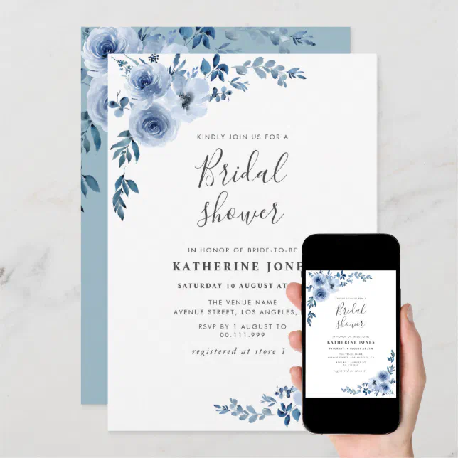 Dusty Blue Floral Bridal Shower Invitation | Zazzle