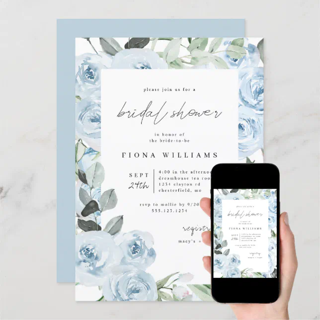 Dusty Blue Floral Bridal Shower Invitation | Zazzle