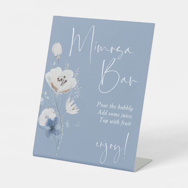 Dusty Blue Floral Bridal Shower Mimosa Bar Pedestal Sign (Front)