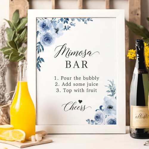 Dusty Blue Floral Bridal Shower Mimosa Bar Sign - Make your bridal shower stand out with this chic Dusty Blue Floral Mimosa Bar Sign. The beautiful floral design combined with the dusty blue flowers and elegant font creates a modern yet sophisticated look. This sign is perfect for any bride who wants to add a touch of elegance to her bridal shower. You can easily customize the text to match the theme of your event. With the digital download option, you can print this sign at home or have it printed professionally.