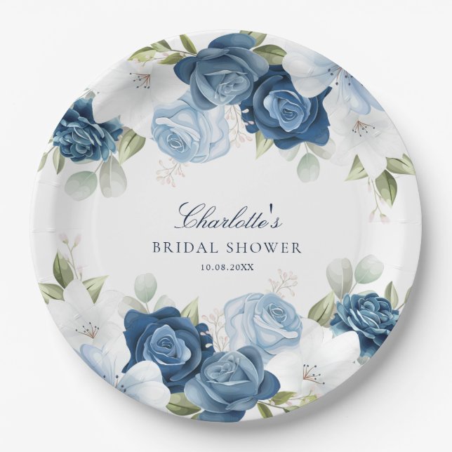 Dusty Blue Floral Bridal Shower Paper Plates (Front)