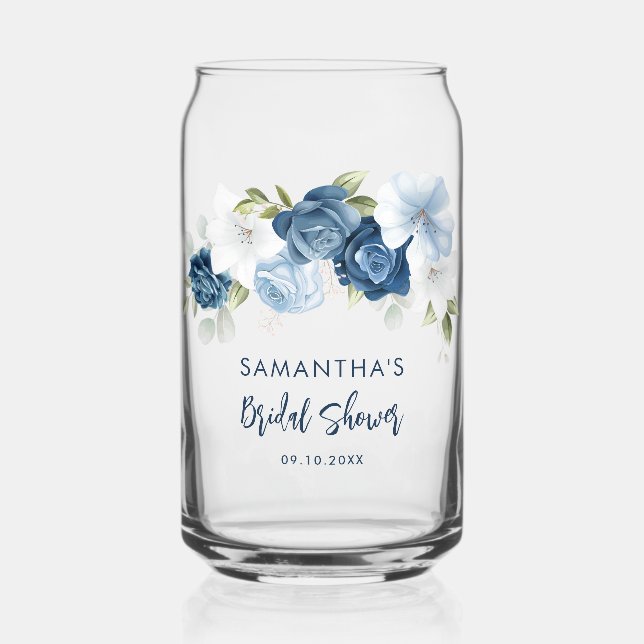 Dusty Blue Floral Bridal Shower Personalized Can Glass (Front)