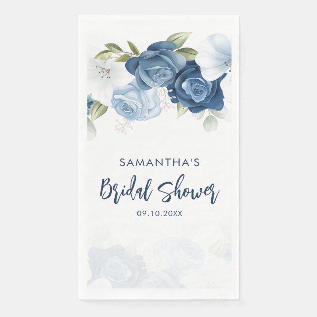 Dusty Blue Floral Bridal Shower Personalized Paper Guest Towels (Front)