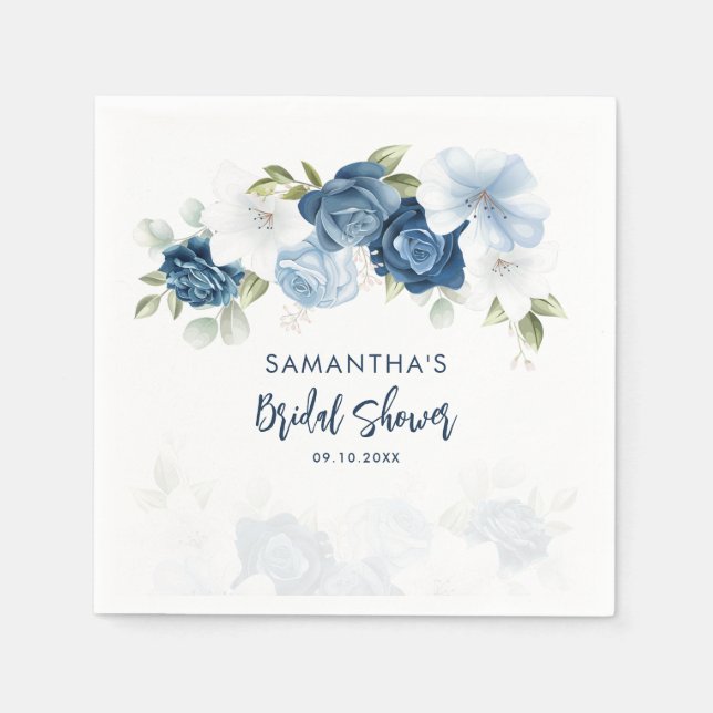 Dusty Blue Floral Bridal Shower Personalized Paper Napkins (Front)