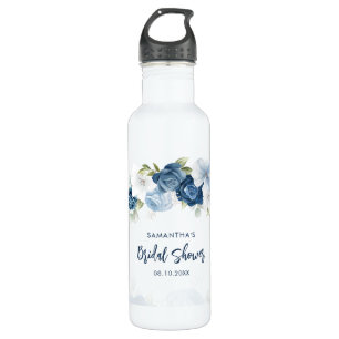 Dusty Blue Floral Bridal Shower Personalized Stainless Steel Water Bottle