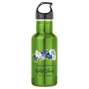 Dusty Blue Floral Bridal Shower Personalized Stainless Steel Water Bottle