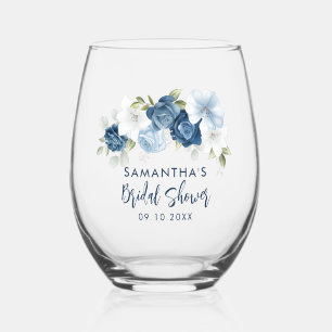 Dusty Blue Floral Bridal Shower Personalized Stemless Wine Glass