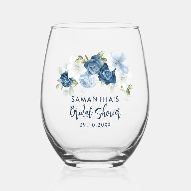 Dusty Blue Floral Bridal Shower Personalized Stemless Wine Glass (Front)
