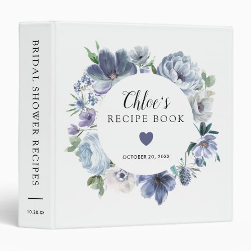 Dusty Blue Floral Bridal Shower Recipe Book 3 Ring Binder