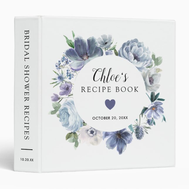 Dusty Blue Floral Bridal Shower Recipe Book 3 Ring Binder (Front/Spine)
