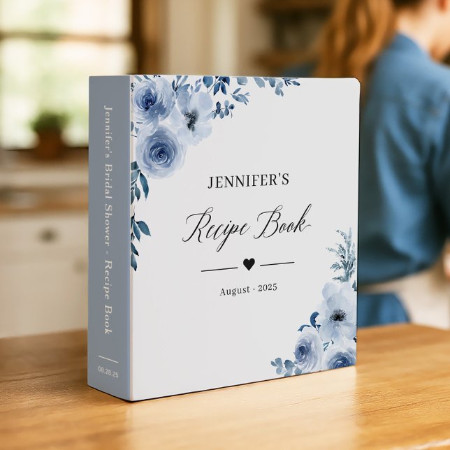Dusty Blue Floral Bridal Shower Recipe Book 3 Ring Binder (Creator Uploaded)