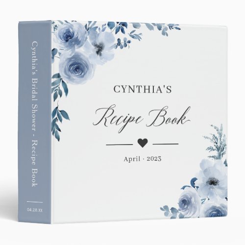 Dusty Blue Floral Bridal Shower Recipe Book 3 Ring Binder - Dusty Blue Floral Bridal Shower Recipe Book 3 Ring Binder. 
(1) For further customization, please click the "customize further" link and use our design tool to modify this template. 
(2) If you need help or matching items, please contact me.