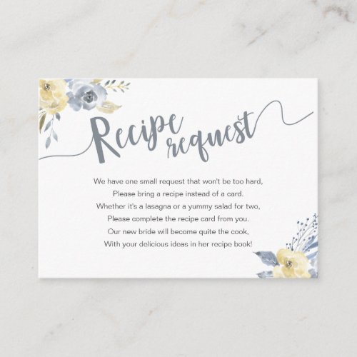 Dusty Blue Floral Bridal Shower Recipe Request Enclosure Card