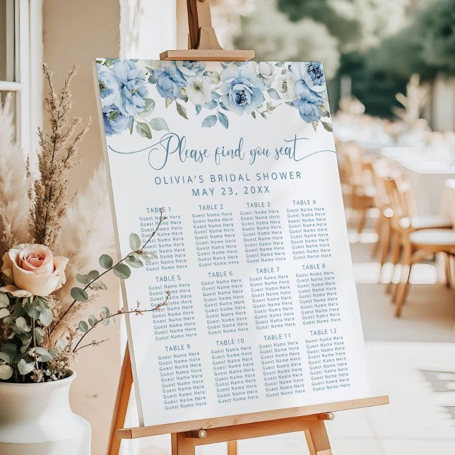 Dusty blue floral bridal shower seating chart foam board (Creator Uploaded)