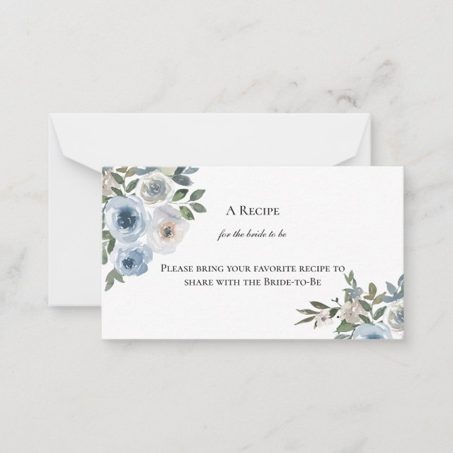 Dusty Blue Floral Bridal Shower Share a Recipe Note Card (Front)