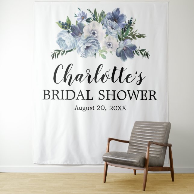 Dusty Blue Floral Bridal Shower Tapestry (In Situ)