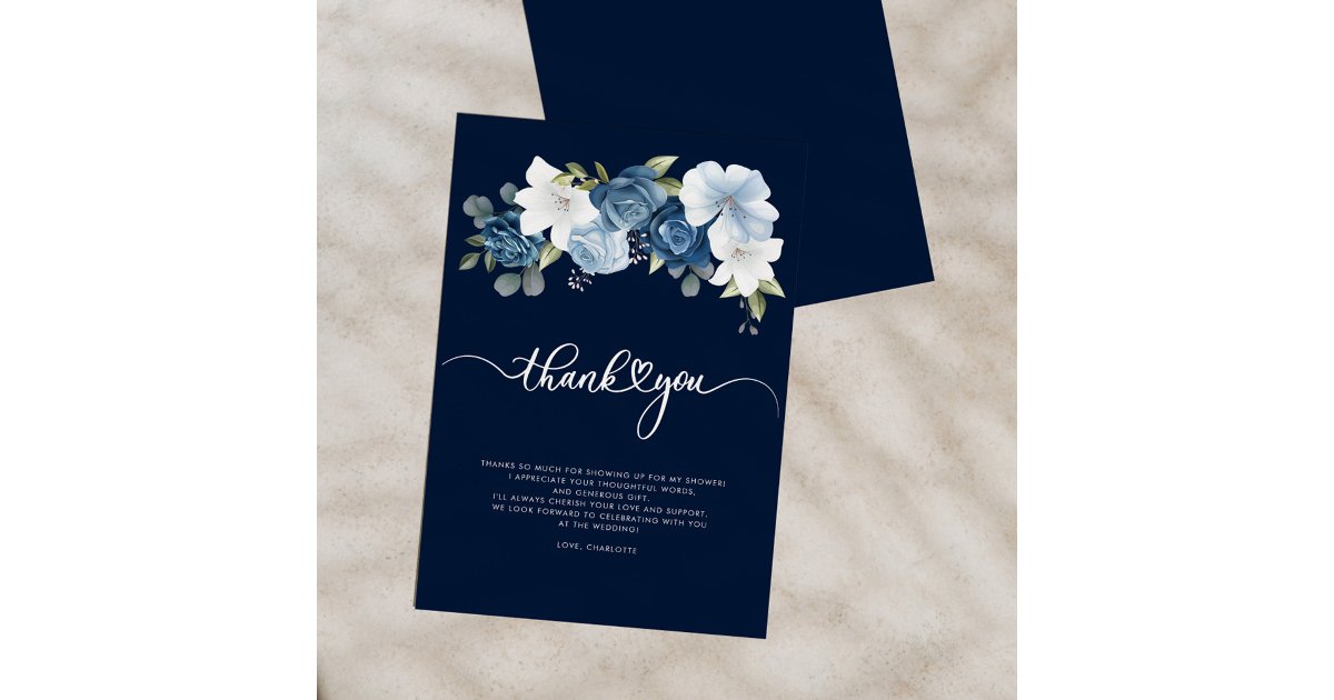 Dusty Blue Floral Bridal Shower Thank You Card | Zazzle