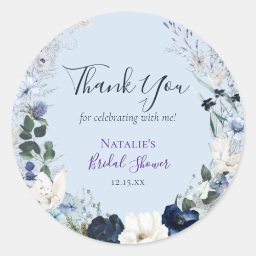 Dusty Blue Floral Bridal Shower Thank You  Classic Round Sticker