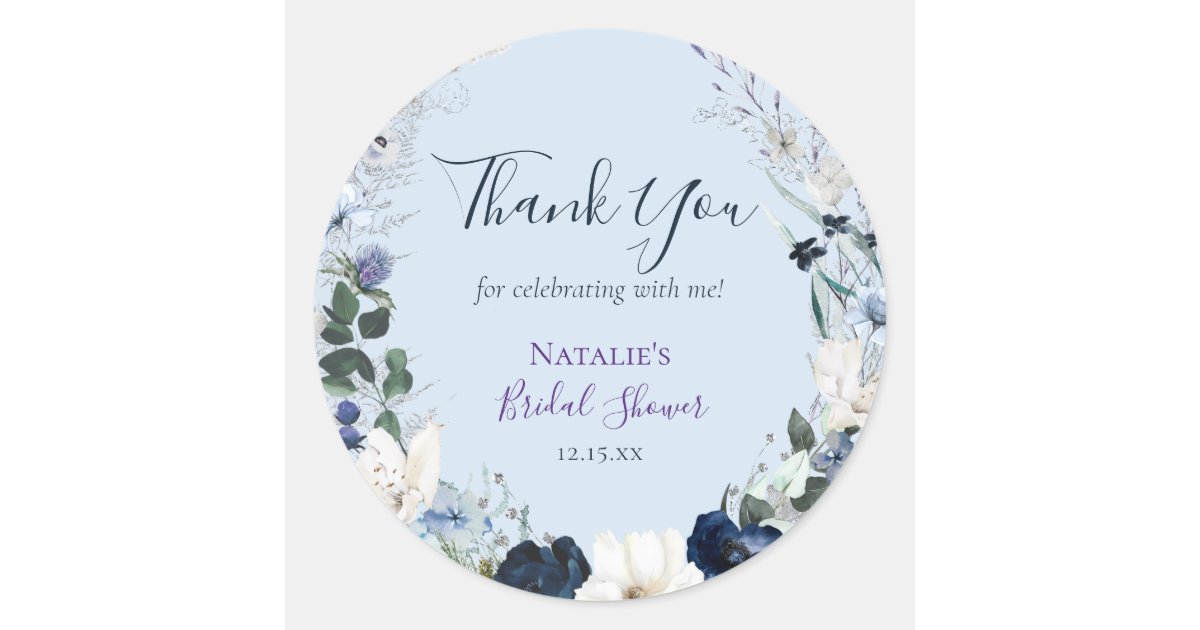 Dusty Blue Floral Bridal Shower Thank You Classic Round Sticker | Zazzle