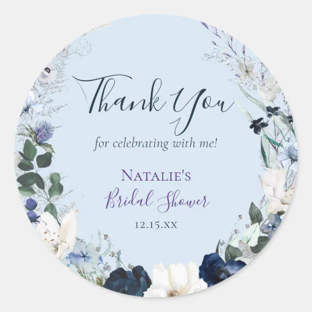 Dusty Blue Floral Bridal Shower Thank You Classic Round Sticker | Zazzle