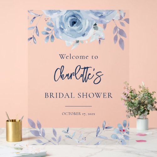Dusty Blue Floral Bridal Shower Welcome Acrylic Sign