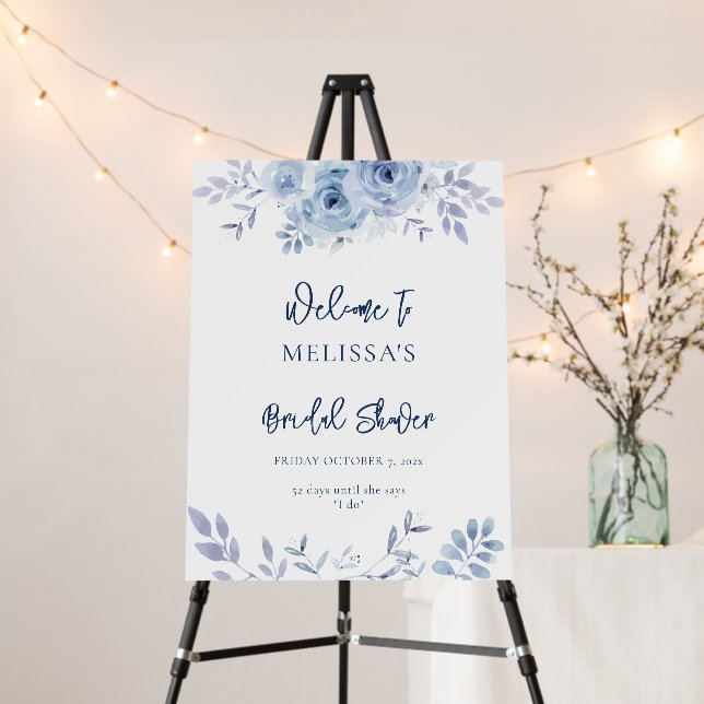 Dusty Blue Floral Bridal Shower Welcome Sign (In Situ (Stand))