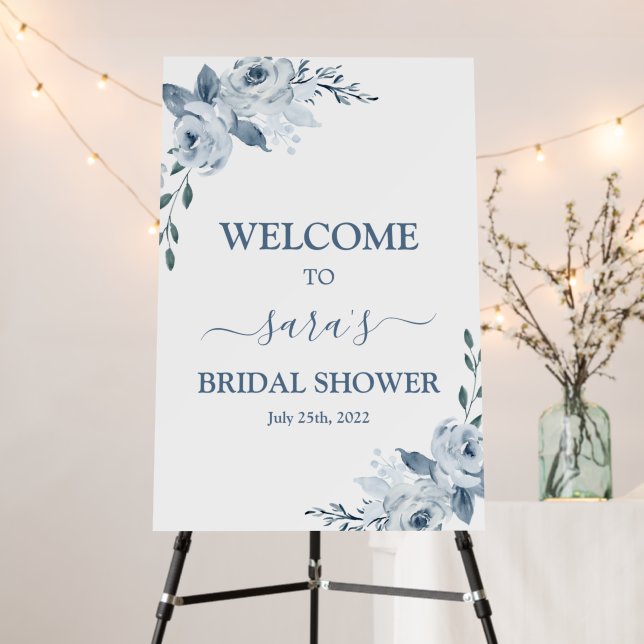 Dusty Blue Floral Bridal Shower Welcome sign (In Situ (Stand))