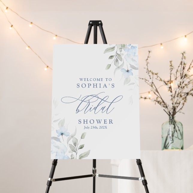 Dusty Blue Floral Bridal Shower Welcome sign (In Situ (Stand))