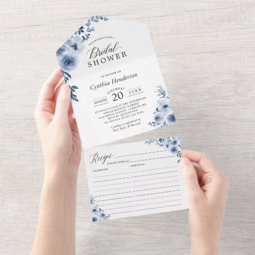 Dusty Blue Floral Bridal Shower With Recipe All In One Invitation - These "Bohemian Dusty Blue Floral Bridal Shower All in One Invitations" are designed with an easy to tear off perforated Recipe Card. Just simply fold each card into the outlined shape, and then seal and send - no envelope needed for shipping.
