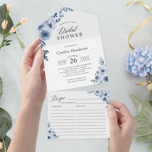 Dusty Blue Floral Bridal Shower With Recipe All In One Invitation (Creator Uploaded)