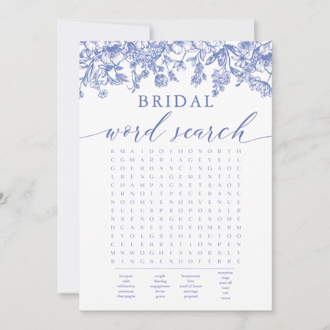 Dusty Blue Floral Bridal Shower Word Search Game Invitation (Front)