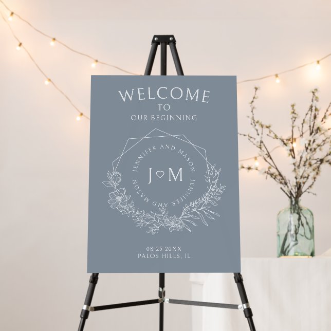 Dusty blue floral bride groom wedding welcome sign (In Situ (Stand))