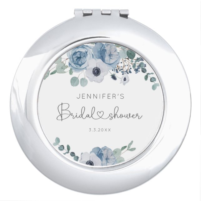 Dusty blue floral bridesmaid gift compact mirror (Front)