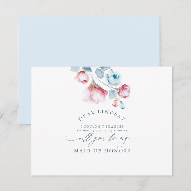 Dusty Blue Floral Bridesmaid - Maid of Honor Invitation (Front/Back)